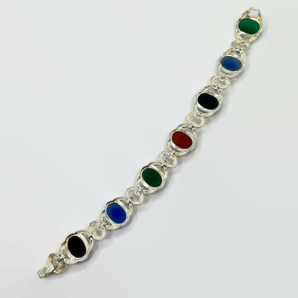 Stone Bracelet, Onyx, Calcedony, Green, Black, Sterling Bracelet, Vintage,Mixed - Picture 4 of 6
